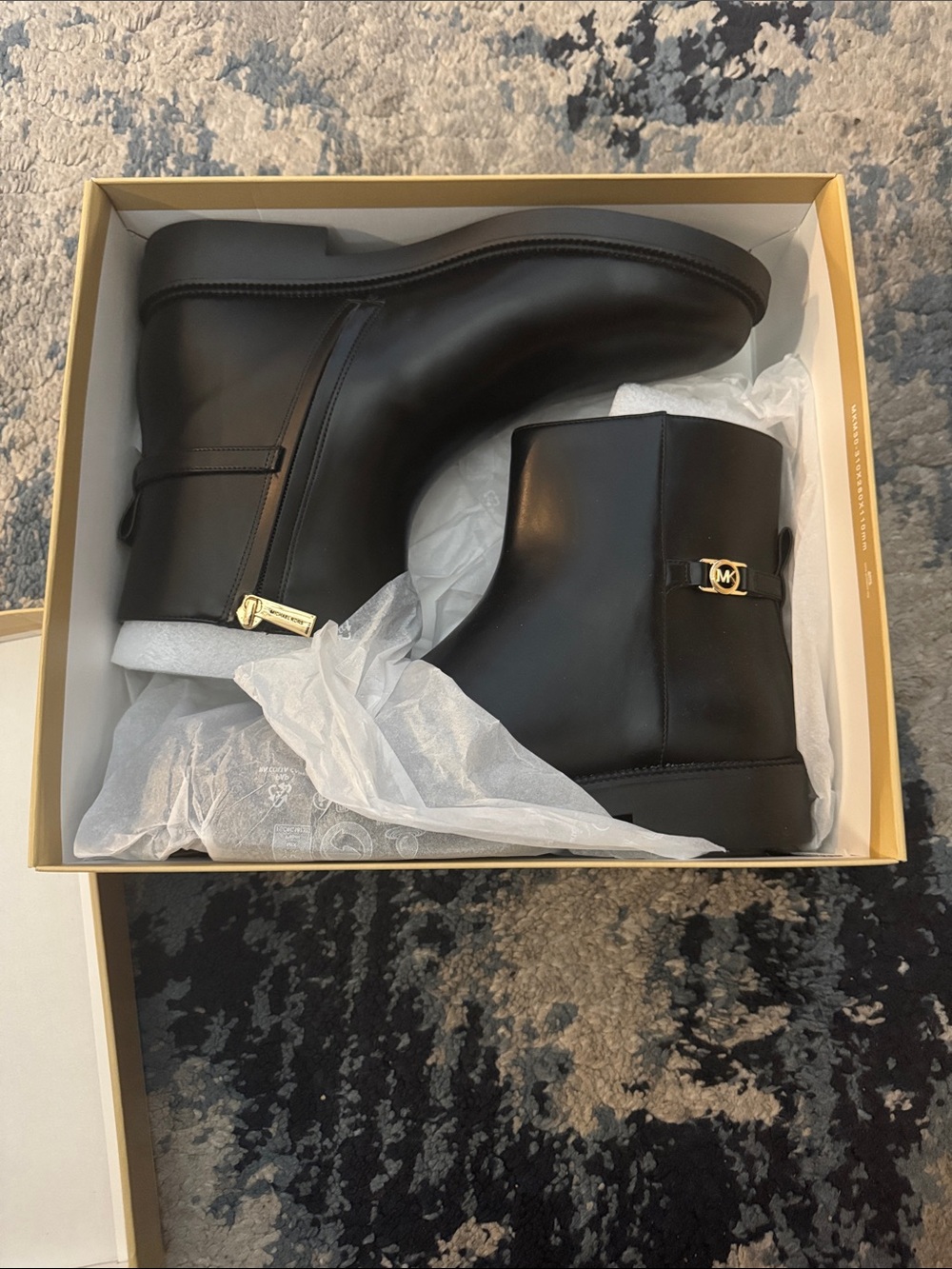 Michael Kors Black Leather Ankle Booties with Gold Logo Accent